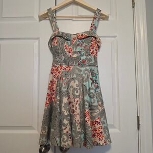IXIA Paisley Patchwork Fit Flare Sundress Teal Orange Multi Size Large